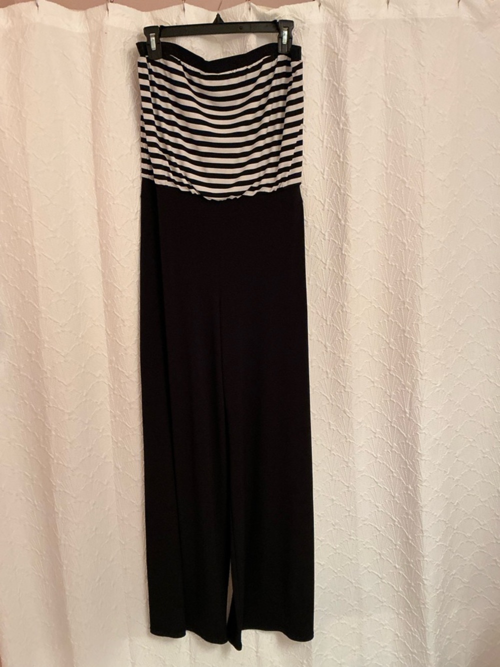 White House Black Market Strapless Jumpsuit with Black & White Stripe Bodice